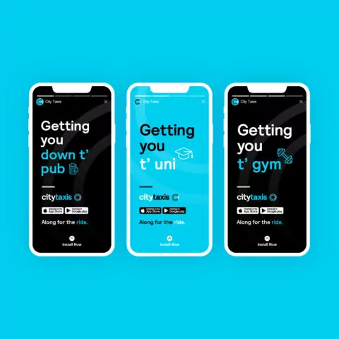 City Taxis App adverts displayed across 3 mobile devices