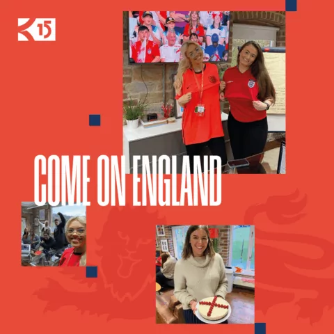 An info graphic displaying various photos of the team wearing England football t-shirts and eating patriotic cake during the Football word cup