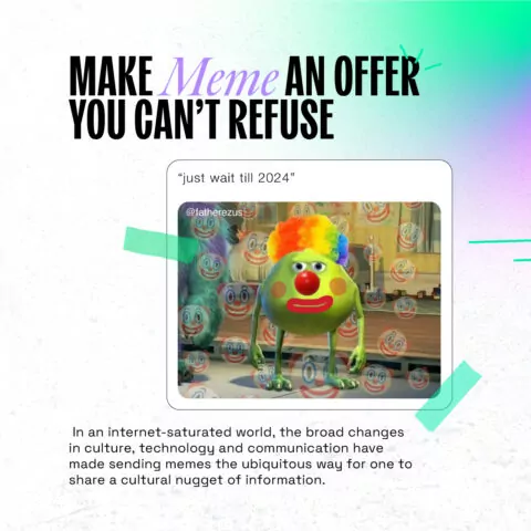 A green monster, wearing a clown wig, stands amidst smiling faces; it is a meme; the context is a social media post discussing memes' cultural impact. 