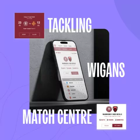 A smartphone displays a sports match schedule app; it shows upcoming games and team information. The app's name is 