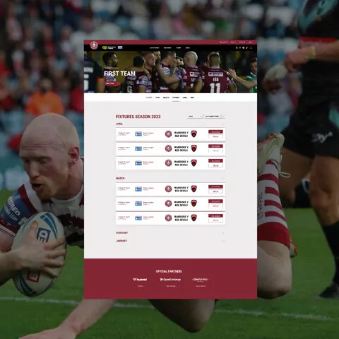 A webpage displays a rugby team's 2023 schedule, showing several matches against 