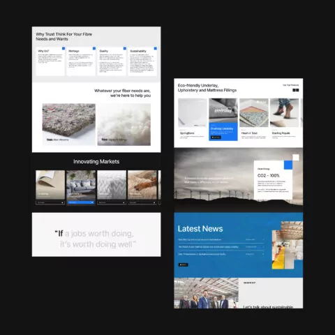 Website pages display fibre product samples, showcasing uses in flooring, upholstery, and mattresses. The site highlights sustainability and eco-friendly features. 