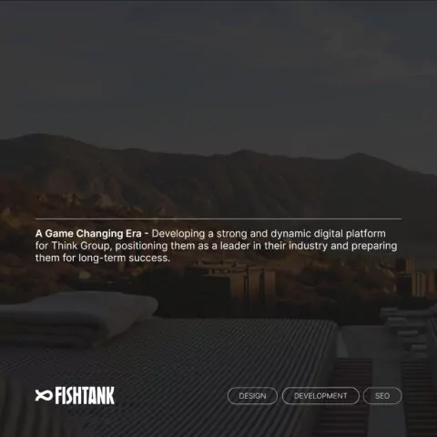 Text describing a digital platform development for Think Group, displayed on a dark background featuring a tranquil outdoor scene with mountains in the distance.