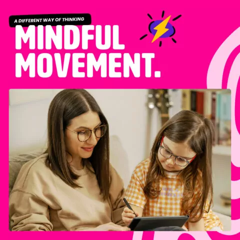 A woman and a girl use a tablet together, sitting on a couch in a home setting. The text overlay reads: 