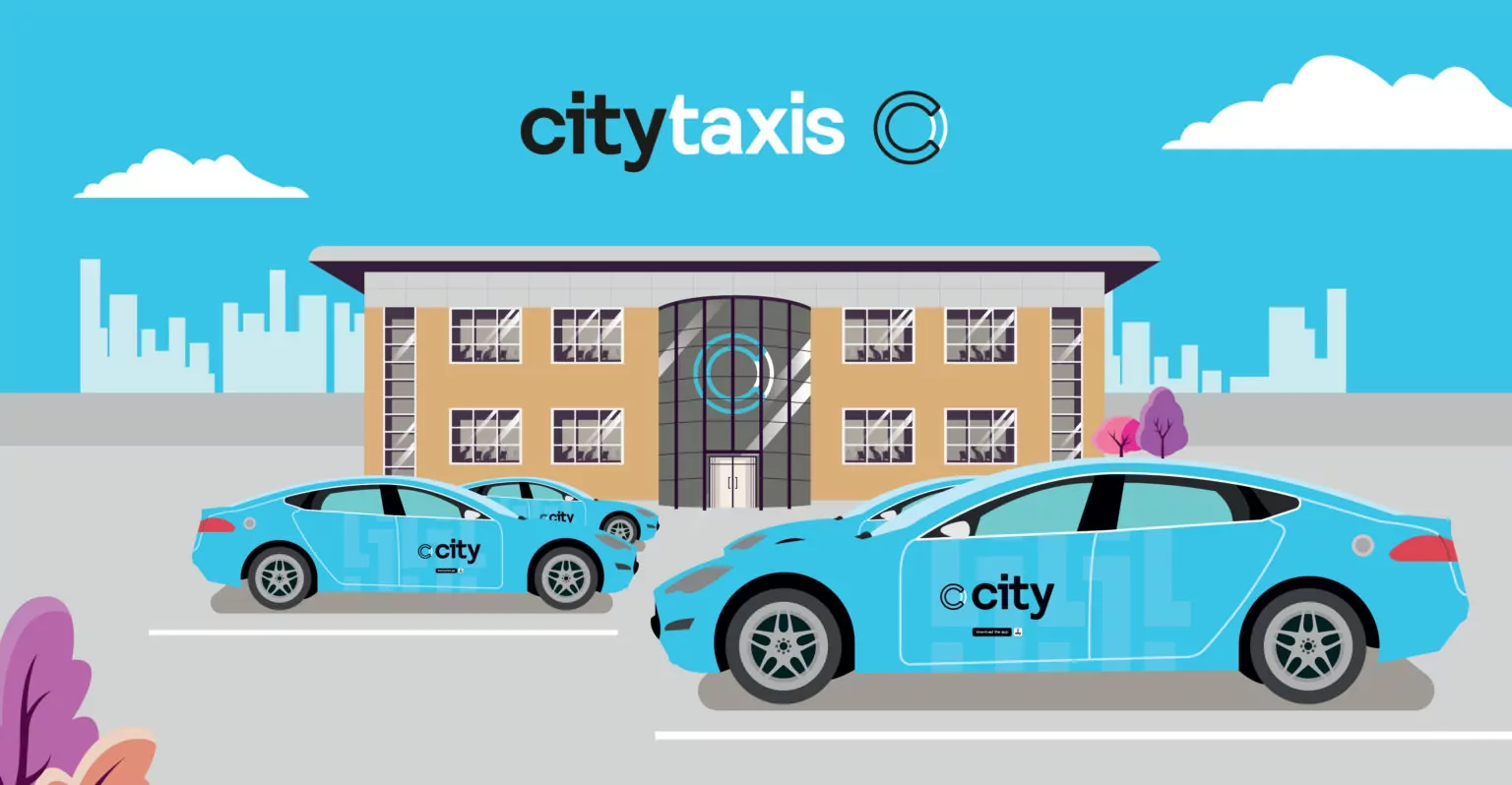 illustration of city taxis headquarter with two taxis outside