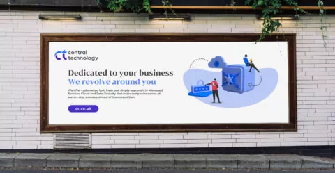 A billboard displays an illustration of people interacting with a data security system. It advertises Central Technology, stating: 