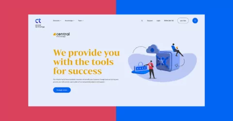 A webpage displays a 3D illustration of a safe with people interacting with it, symbolising data security and access, set against a colourful background. The text reads: 