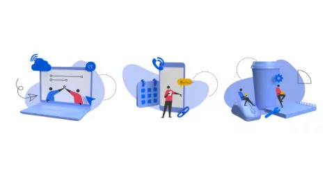 Three blue digital devices—laptop, smartphone, and coffee cup—are shown with small figures interacting with them, suggesting teamwork, scheduling, and a break.