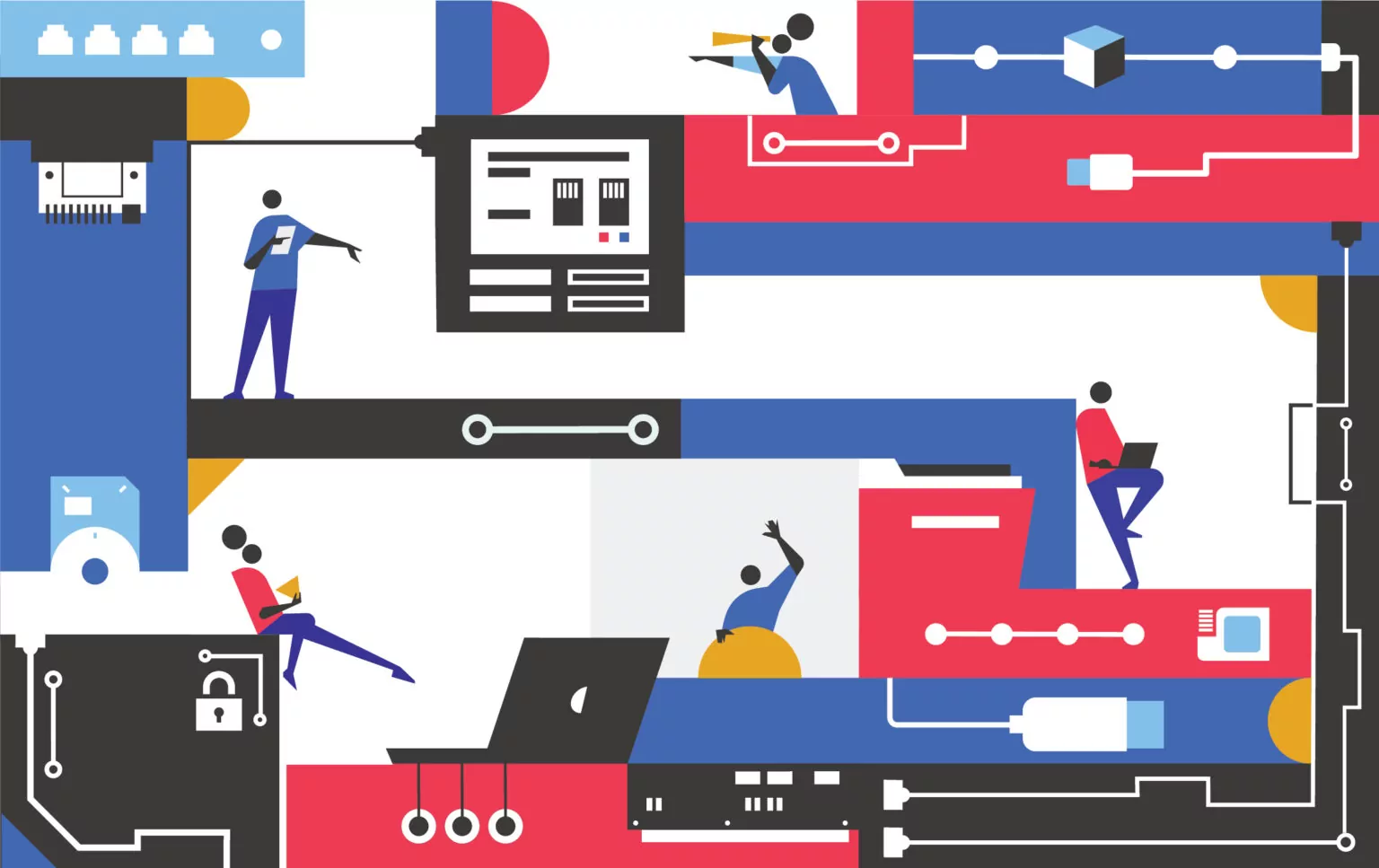 Stylised figures interact with various technological components, such as computers and data storage devices, within a geometric, abstract setting.