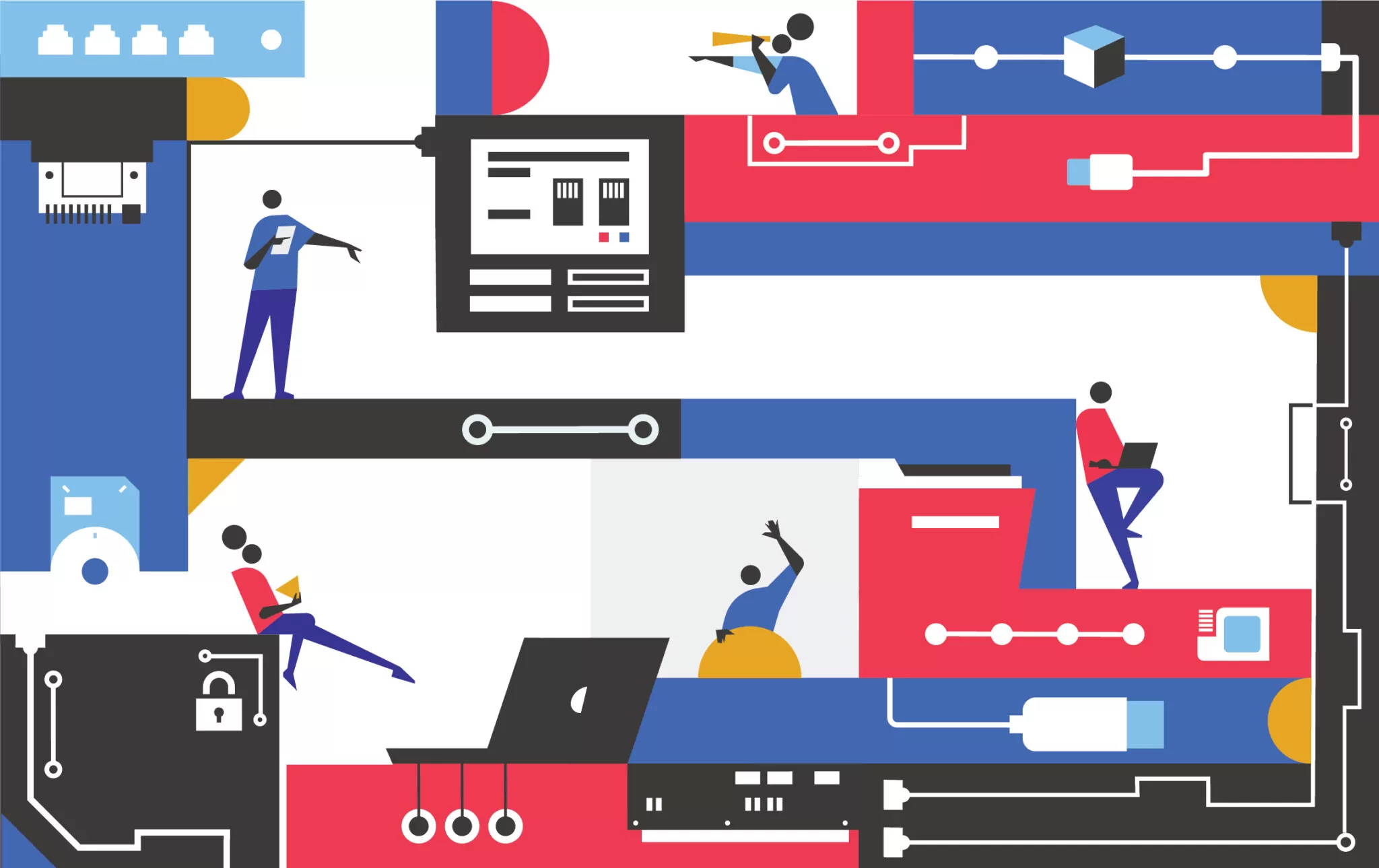 Stylised figures interact with various technological components, such as computers and data storage devices, within a geometric, abstract setting.