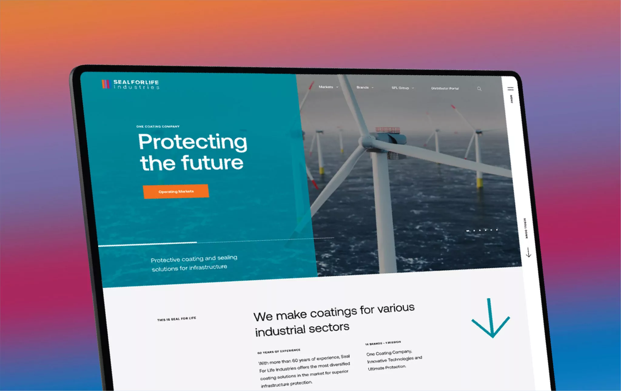 A laptop displays a website showcasing protective coatings for infrastructure. The site features images of wind turbines.