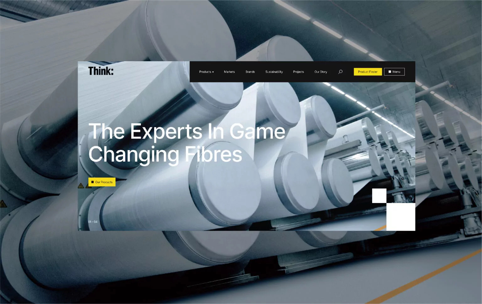 Large industrial rollers process fibres in a factory setting. The website headline reads: 'The Experts In Game Changing Fibres'.