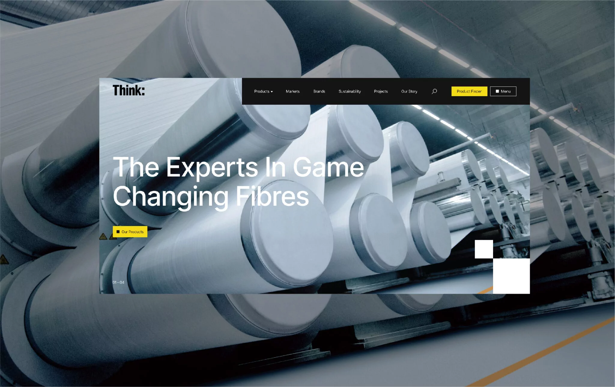 Large industrial rollers process fibres in a factory setting. The website headline reads: 'The Experts In Game Changing Fibres'.