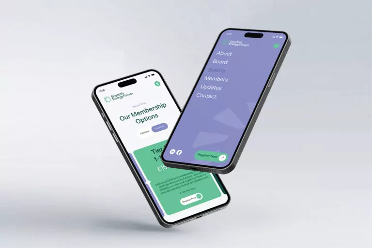 Two mobile phones previewing the Scottish Energy Forum website designed by Fishtank Agency
