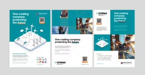 Tri-fold brochures depict workers applying coatings to renewable energy infrastructure; the text reads, 