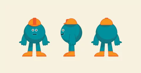 Three teal, round characters wearing orange hard hats and boots stand in different poses against a beige background.
