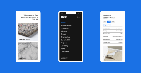 The Think: Group website displayed on three mobiles. The background is an electric blue colour.