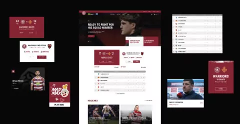 A website displays rugby match information, including scores, team lineups, and player profiles; it also features promotional ads and videos. 