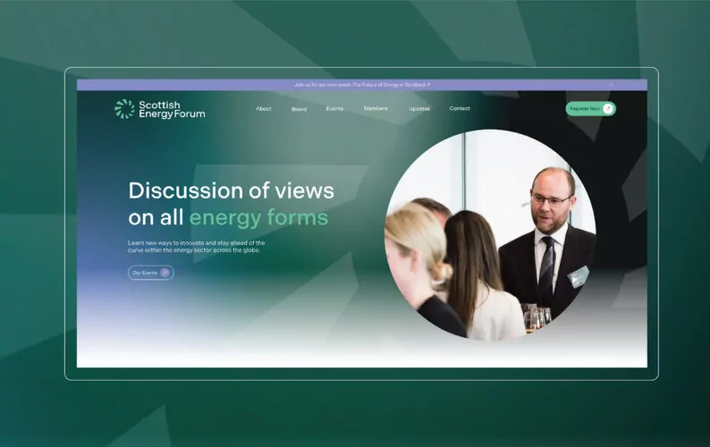 Scottish Energy Forum website home page with background extending beyond the device