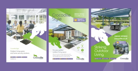 Three brochures advertise Crocodile Style outdoor living spaces and home security solutions. They showcase people enjoying covered patios and conservatories. Contact information, including phone number and website, is provided.