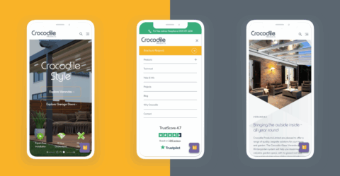 Three smartphone screens display a website for Crocodile Style, showcasing retractable awnings; one shows a quote request form, another highlights product features and reviews.