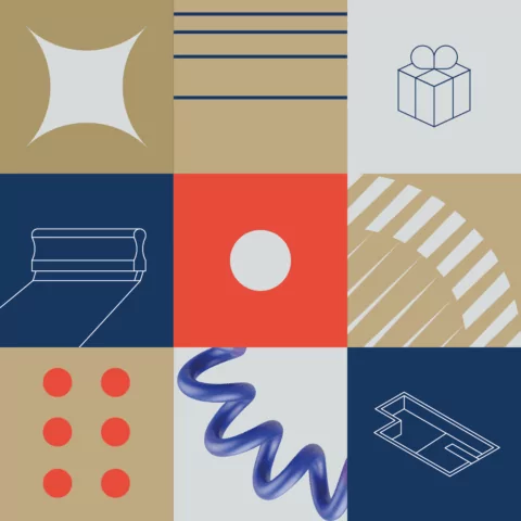A grid displays various abstract shapes and objects: a printing press, a coil, geometric patterns, and a gift box. These are presented on a neutral background.