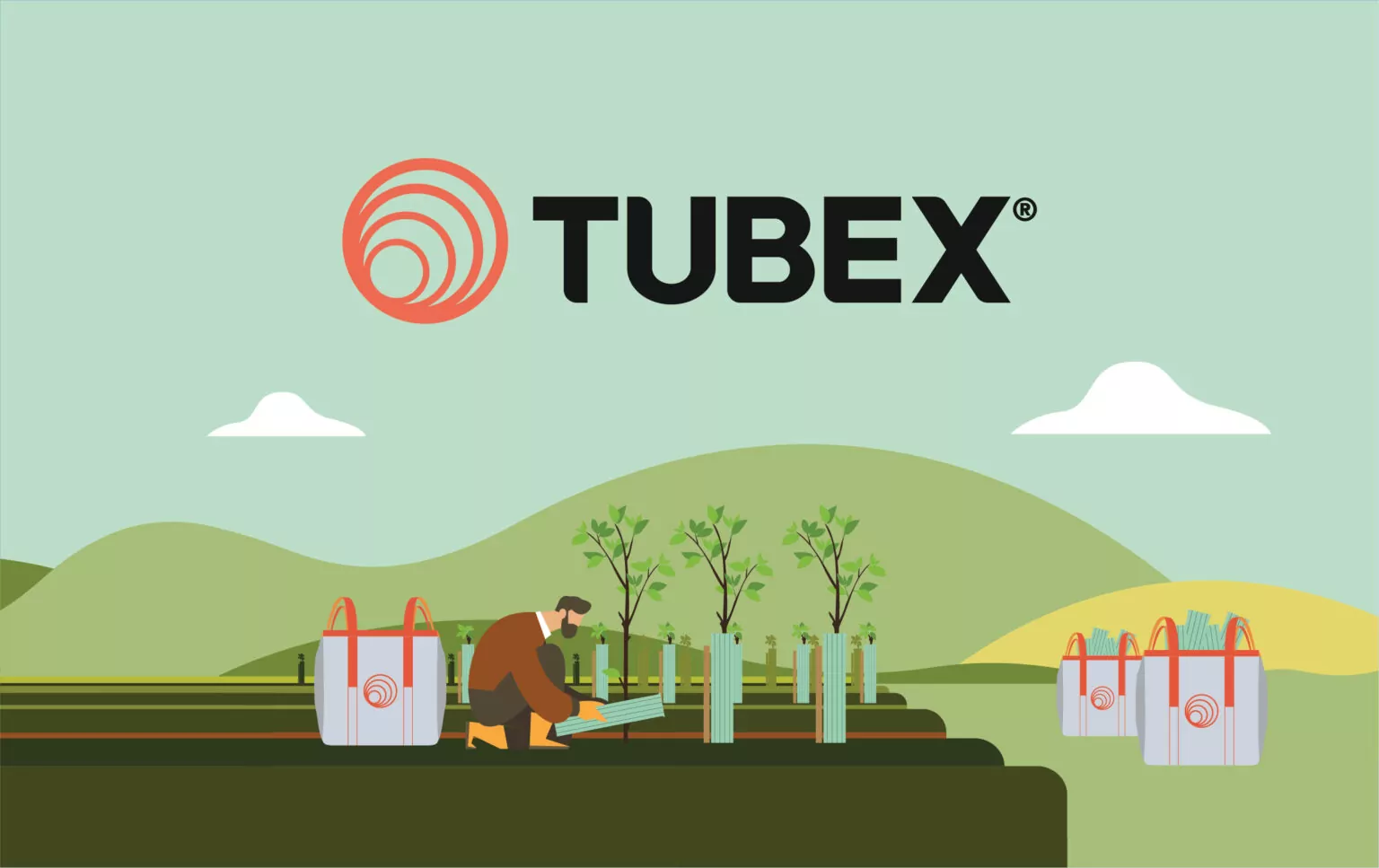 A person plants saplings in tubes near large bags and a recycling truck in a rural landscape. TUBEX® is written at the top.