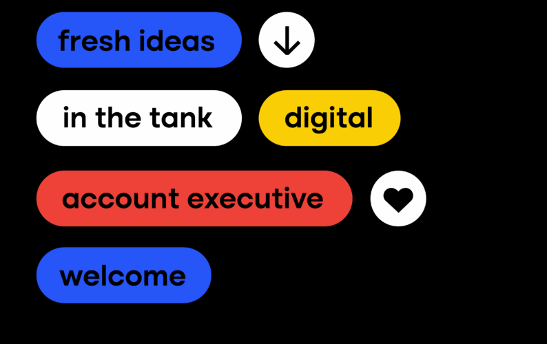 Coloured buttons display text: #, teamwork, fresh ideas, in the tank, digital, account executive, welcome, sophie hardwick; a downward arrow and a heart symbol are also present. The buttons are arranged against a black background.