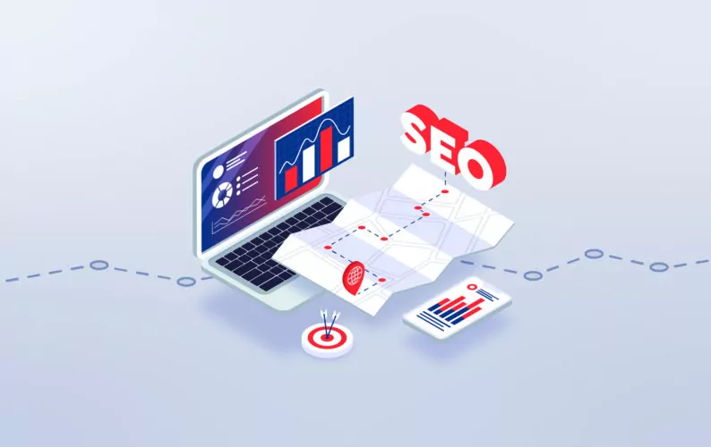 diagram showing a laptop, charts, graphs and a target to explain SEO