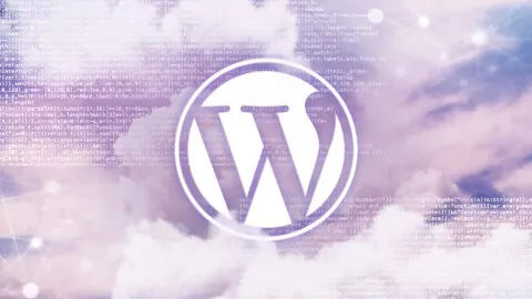 A second info graphic displaying the Wordpress logo set against a cloudy background containing faint lines of code