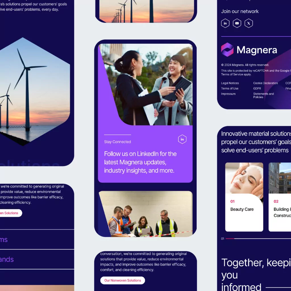 A website displays Magnera's innovative materials, highlighting their use in beauty care and construction. Two women discuss LinkedIn updates; workers collaborate on a project. The site offers connection options and legal information.
