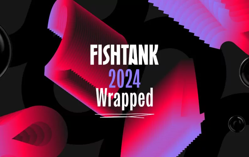 Abstract, shapes in red and purple float against a black background. 