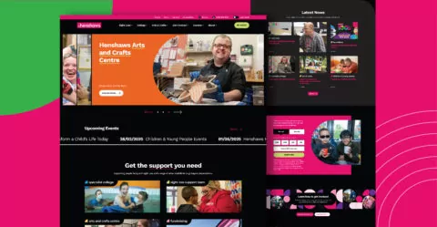 A website displays a crafts centre's homepage, featuring images of people participating in activities and upcoming events; 