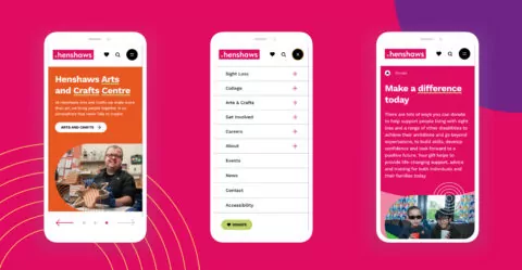 Three phone screens display a website; one shows an arts and crafts centre, another a menu, and the third a donation page. 