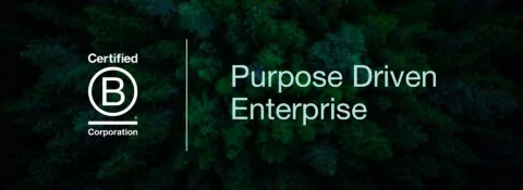 Info graphic displaying B-Corp logo with the phrase 'purpose driven enterprise'