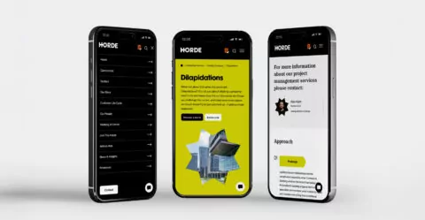 Three mobile phones stand upright on a white background, each phone is displaying different Horde web pages.