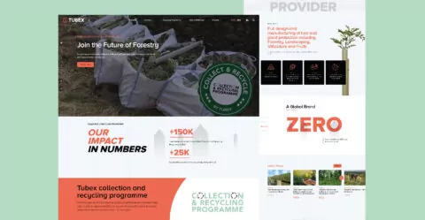 A website displays a forestry collection and recycling program; large filled sacks are shown being collected; the site highlights program impact with statistics.
