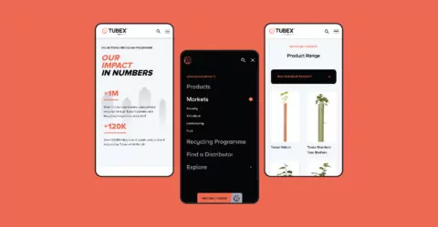 Three smartphone screens display a company website; one shows impact statistics, another shows product categories, and the third displays product options.