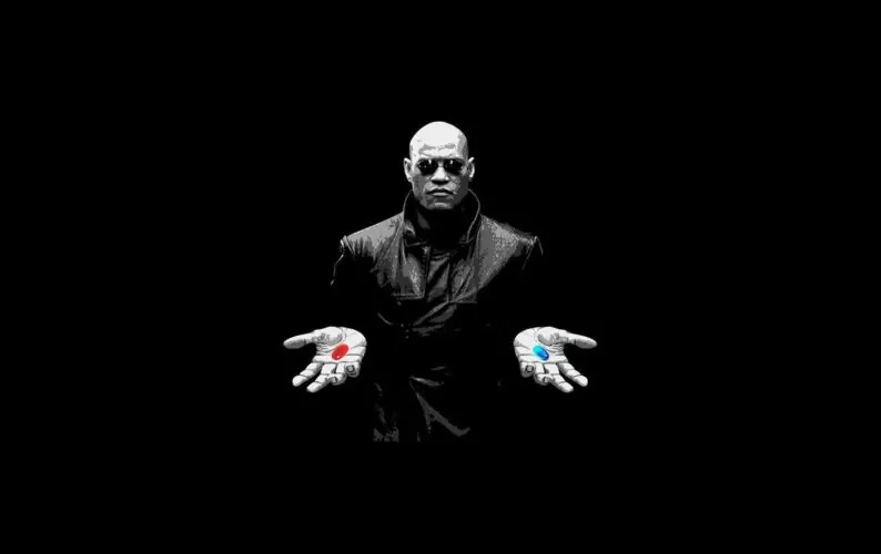 An awesome image of Morpheus with hands held open, palms facing up, in which sits a bold pill, one blue, the other red. Which will you take?