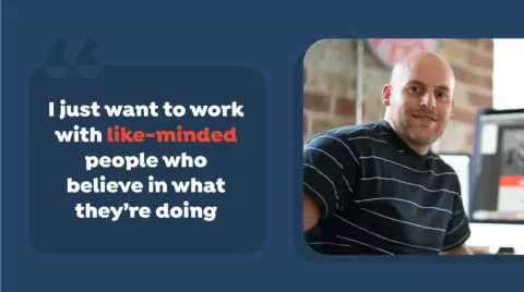 Joe, sits at a desk, in an office setting. He is quoted: 