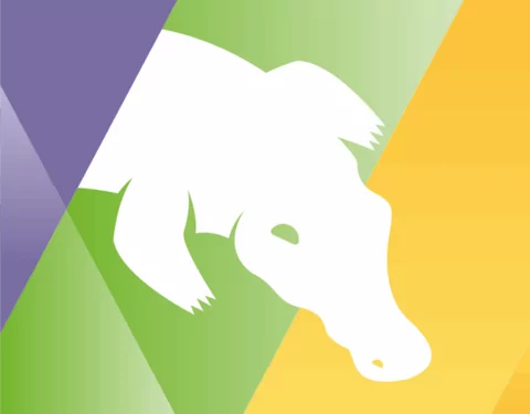 A white crocodile silhouette is positioned against a backdrop of overlapping purple, green, and yellow triangles.