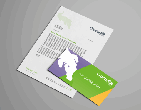 A letterhead and business card, featuring a stylized crocodile logo, lie on a gray surface. The letterhead displays 