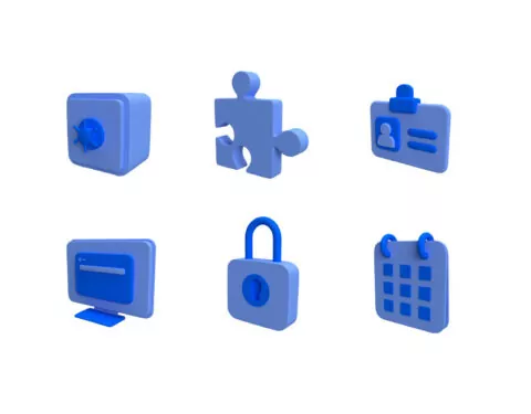Six blue, three-dimensional icons, representing a safe, puzzle piece, ID card, computer screen, padlock, and calendar, are displayed against a white background.