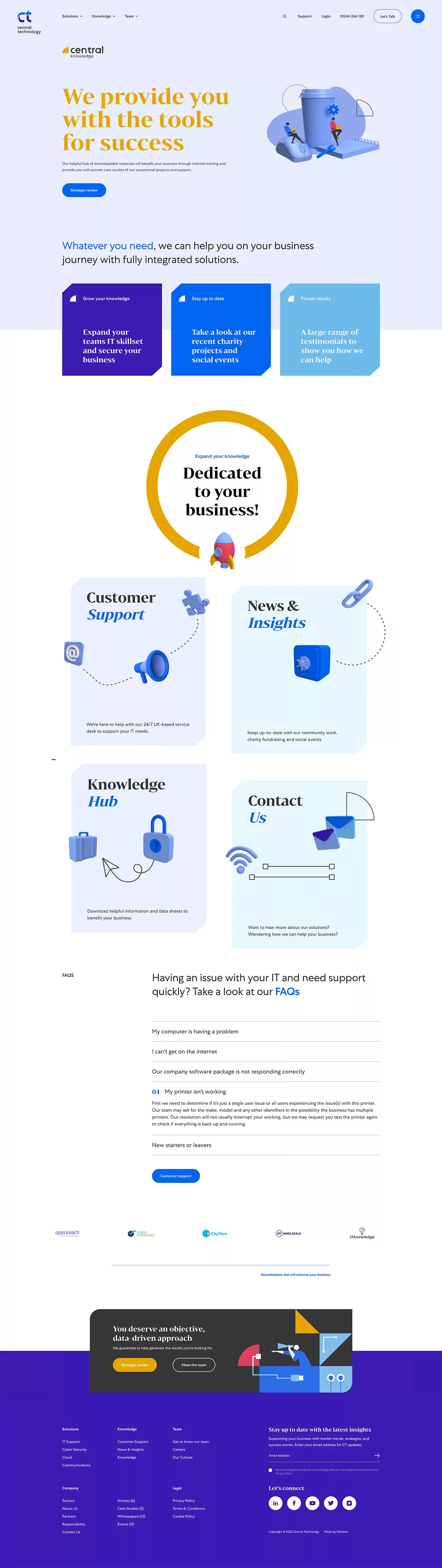 A website displays business support services. It features illustrations and text describing IT support, knowledge resources, and news. FAQs are also included.