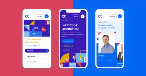 Three smartphones display webpage designs; one shows service options, another a company mission statement, and the third introduces the leadership team.