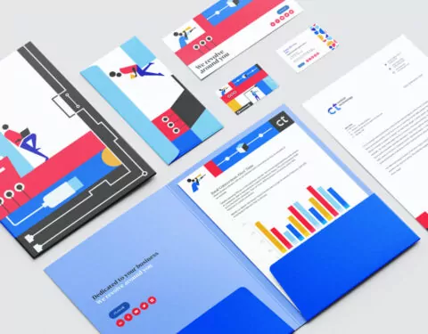A folder containing various stationery items — letterhead, business cards, and envelopes — displays stylized illustrations of people working collaboratively within a technological context.