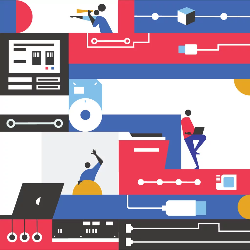 Stylised figures interact with abstract technological components in a colourful network.