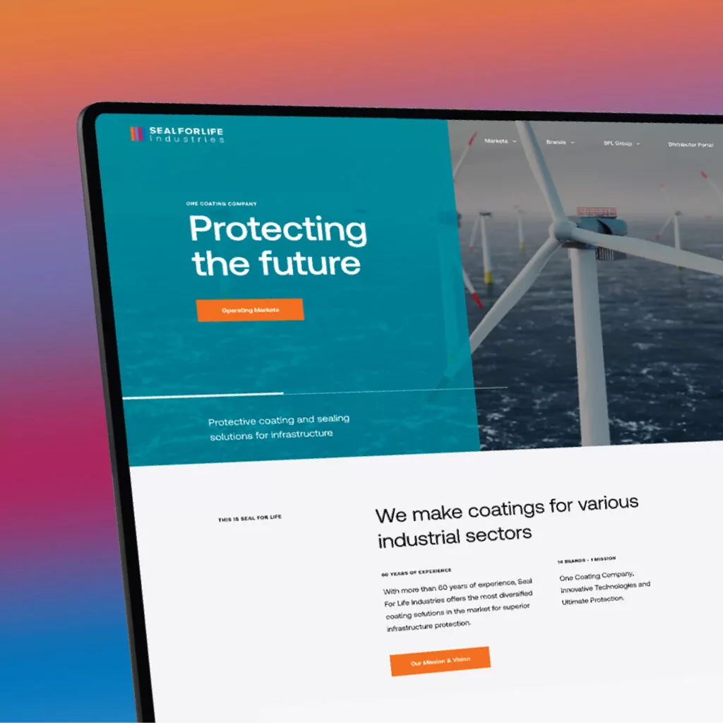 A laptop displays a website showcasing protective coatings for infrastructure. The site features images of wind turbines.