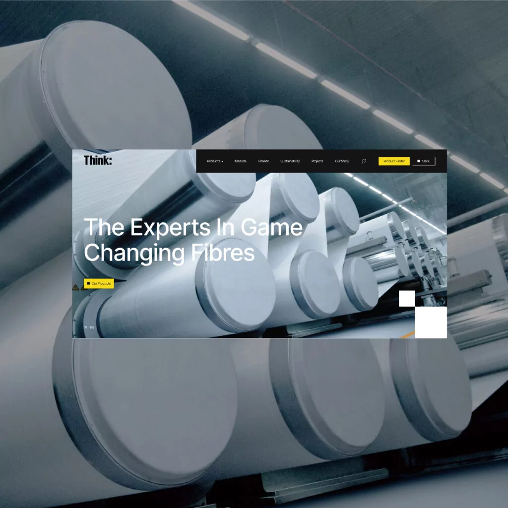 A square version of the Think header. Large industrial rollers process fibres in a factory setting. The website headline reads: 'The Experts In Game Changing Fibres'.