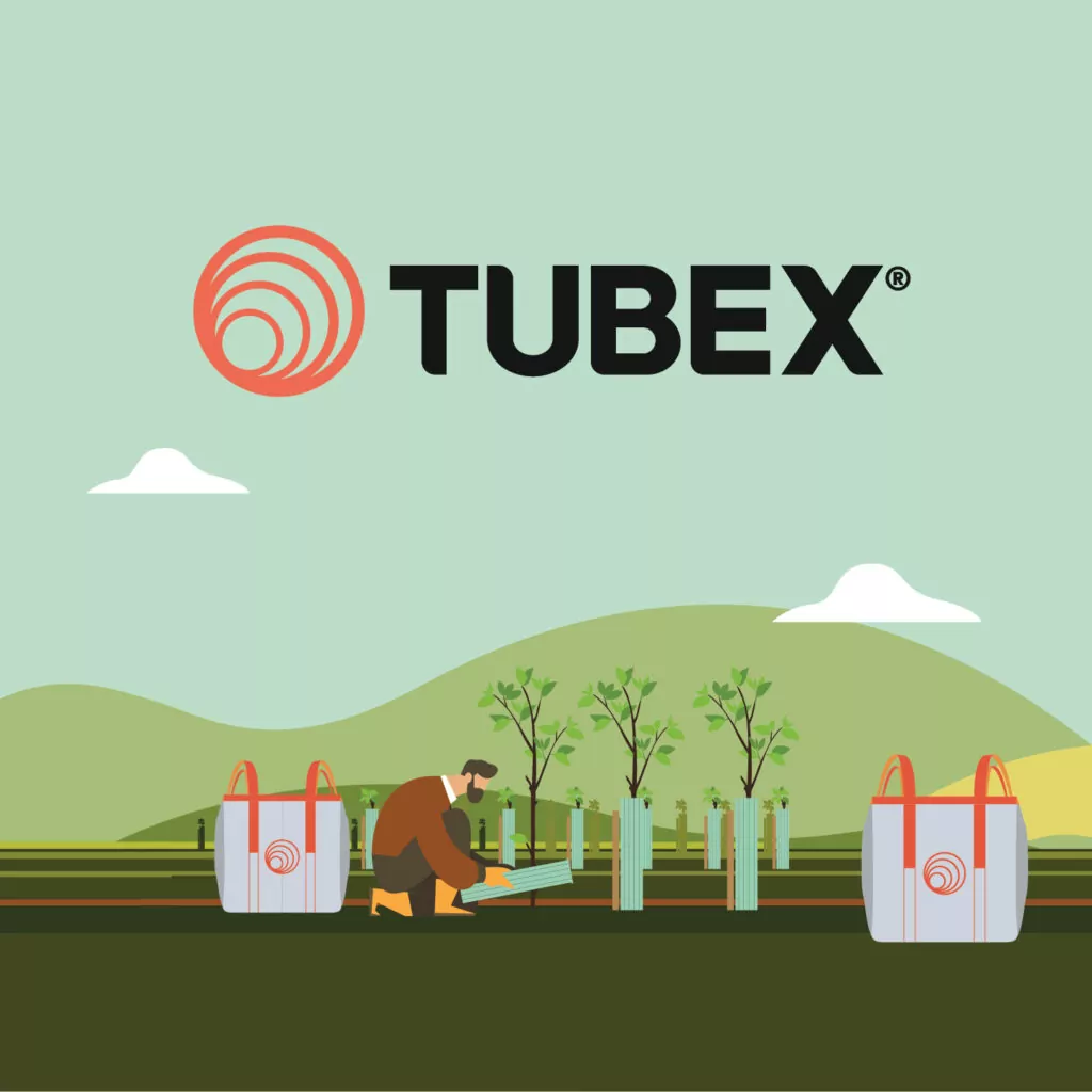 A person plants trees near large bags in a rural landscape. TUBEX®